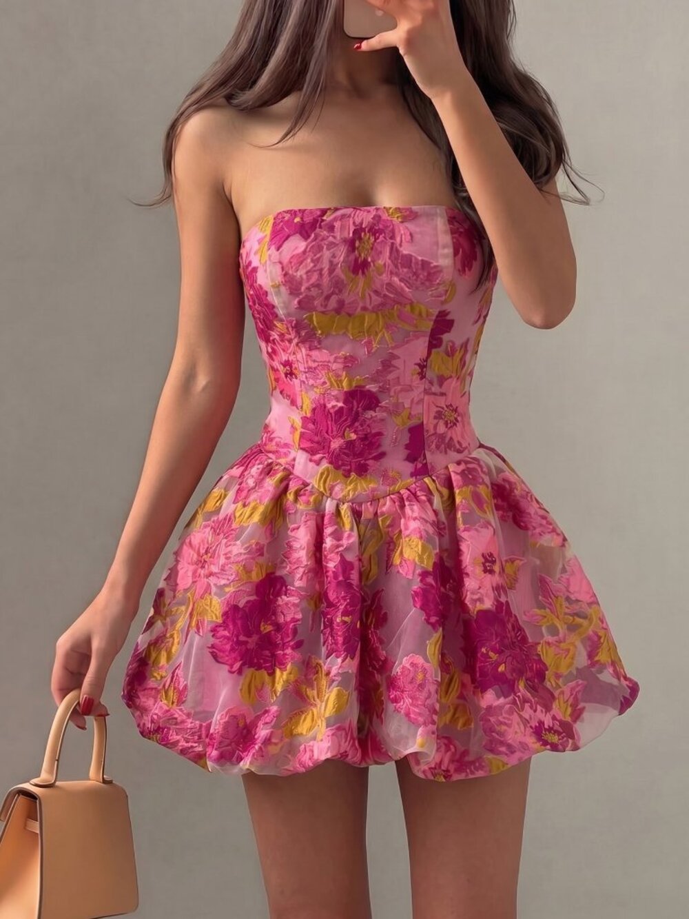 Hot Pink Boho Women's Strapless Puff Sleeve Floral High Waist Flared Short Dress